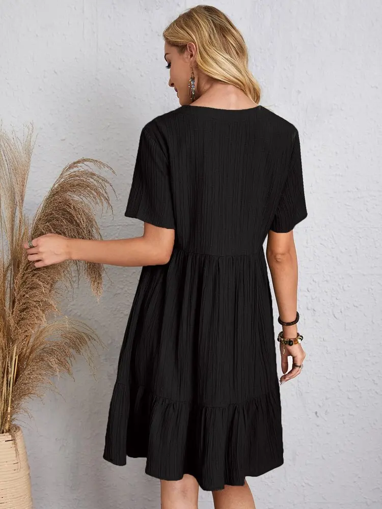 Women Elegant Short Sleeve V Neck Ruffles Dress Summer Casual Solid Loose Mini Dress Chic Bohemian Sundress Beach Party Vestidos