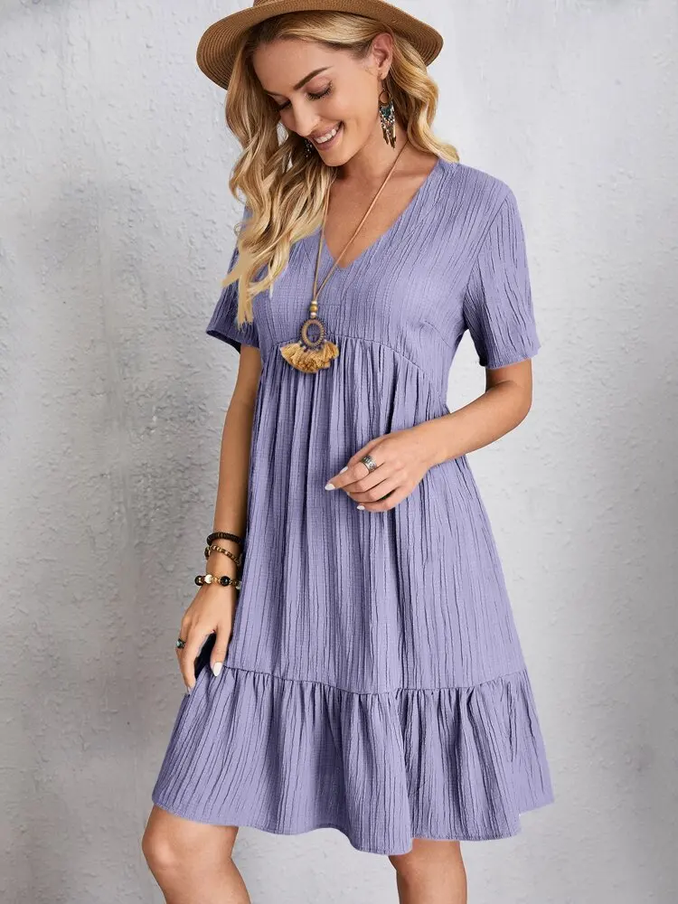 Women Elegant Short Sleeve V Neck Ruffles Dress Summer Casual Solid Loose Mini Dress Chic Bohemian Sundress Beach Party Vestidos
