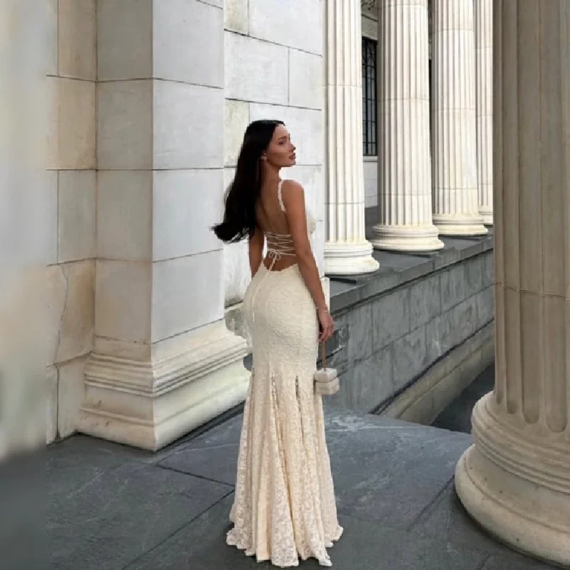 Suninheart Elegant Lace Mermaid Maxi Dress Spaghetti Strap Backless Evening Gown with for Wedding Party Beach Vacation