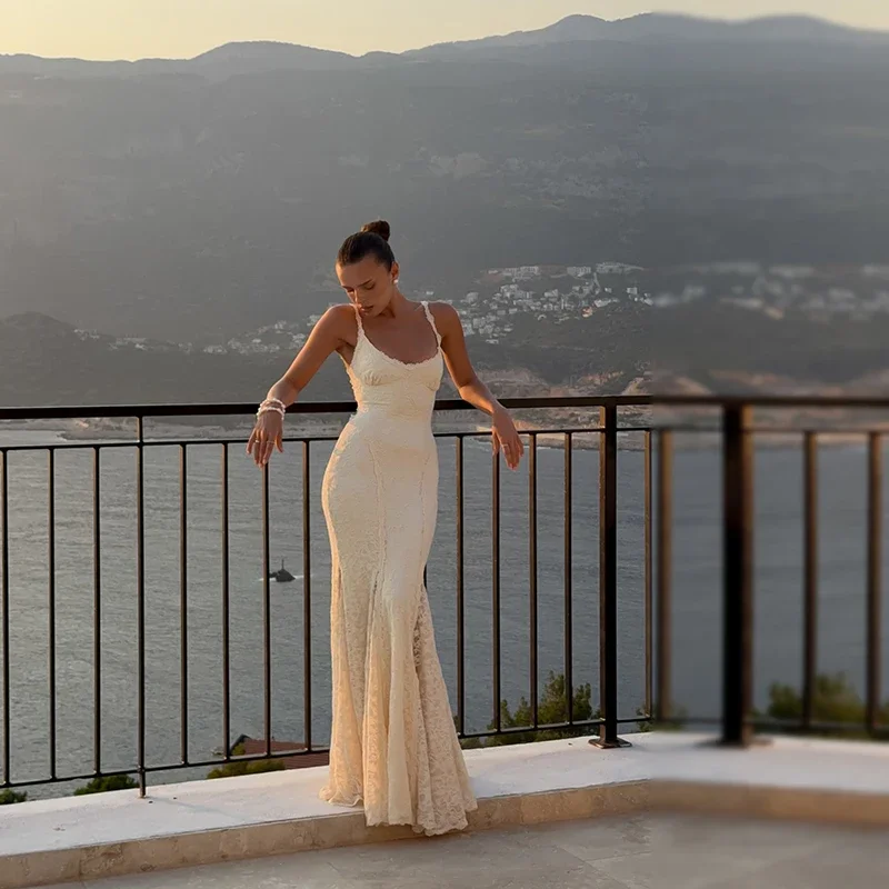 Suninheart Elegant Lace Mermaid Maxi Dress Spaghetti Strap Backless Evening Gown with for Wedding Party Beach Vacation