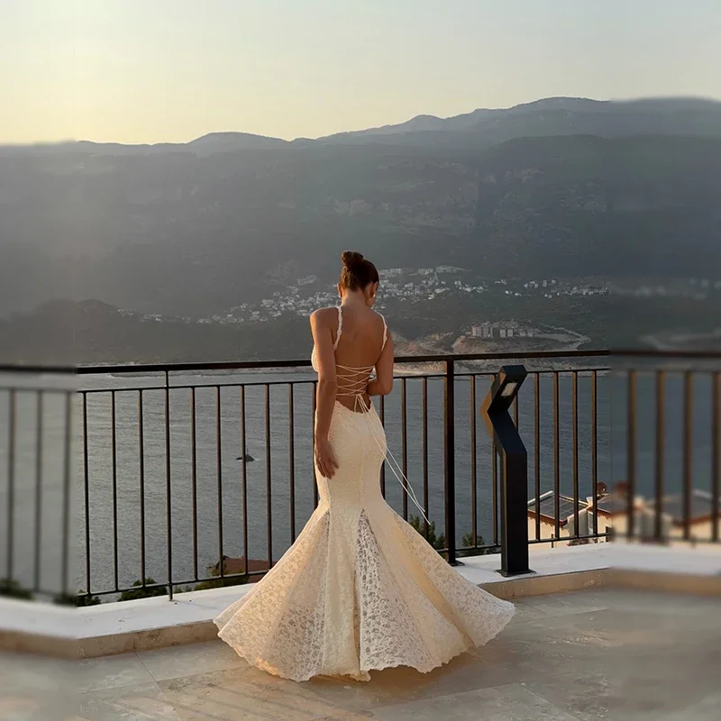 Suninheart Elegant Lace Mermaid Maxi Dress Spaghetti Strap Backless Evening Gown with for Wedding Party Beach Vacation