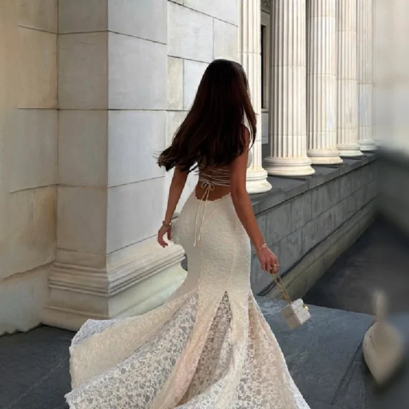 Suninheart Elegant Lace Mermaid Maxi Dress Spaghetti Strap Backless Evening Gown with for Wedding Party Beach Vacation