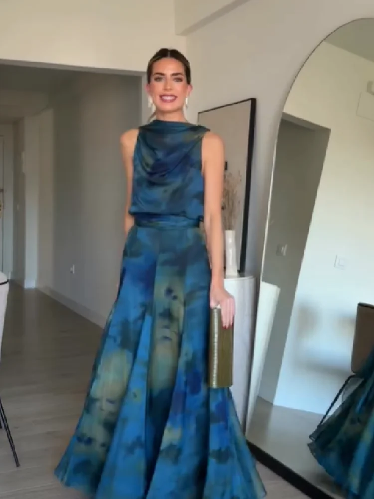 Women's Elegant Blue Watercolor Print Maxi Dress Sleeveless Cowl Neck Satin Formal Evening Gown A-line Floor Length Party Dress