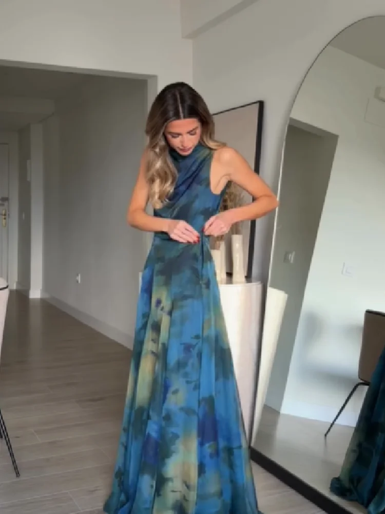 Women's Elegant Blue Watercolor Print Maxi Dress Sleeveless Cowl Neck Satin Formal Evening Gown A-line Floor Length Party Dress