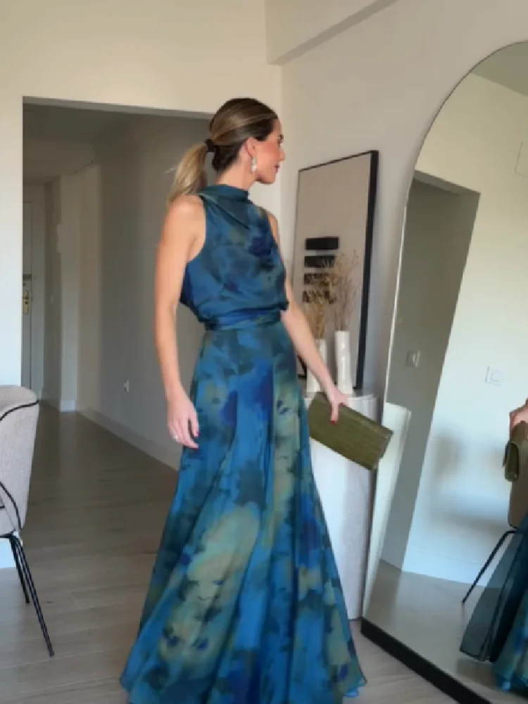 Women's Elegant Blue Watercolor Print Maxi Dress Sleeveless Cowl Neck Satin Formal Evening Gown A-line Floor Length Party Dress