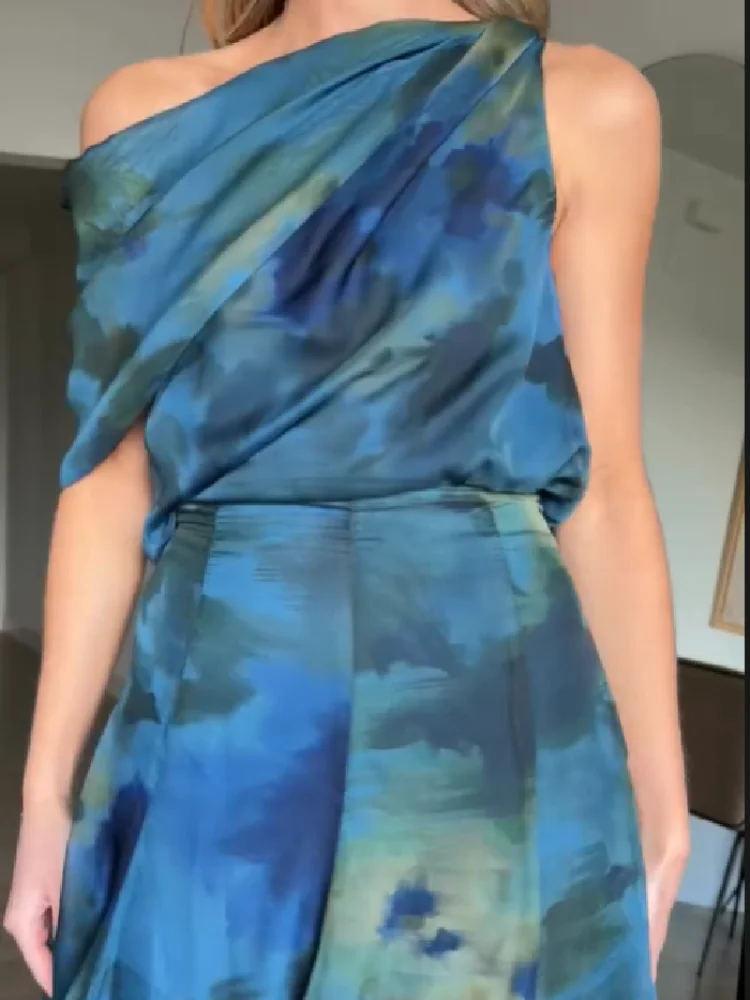 Women's Elegant Blue Watercolor Print Maxi Dress Sleeveless Cowl Neck Satin Formal Evening Gown A-line Floor Length Party Dress