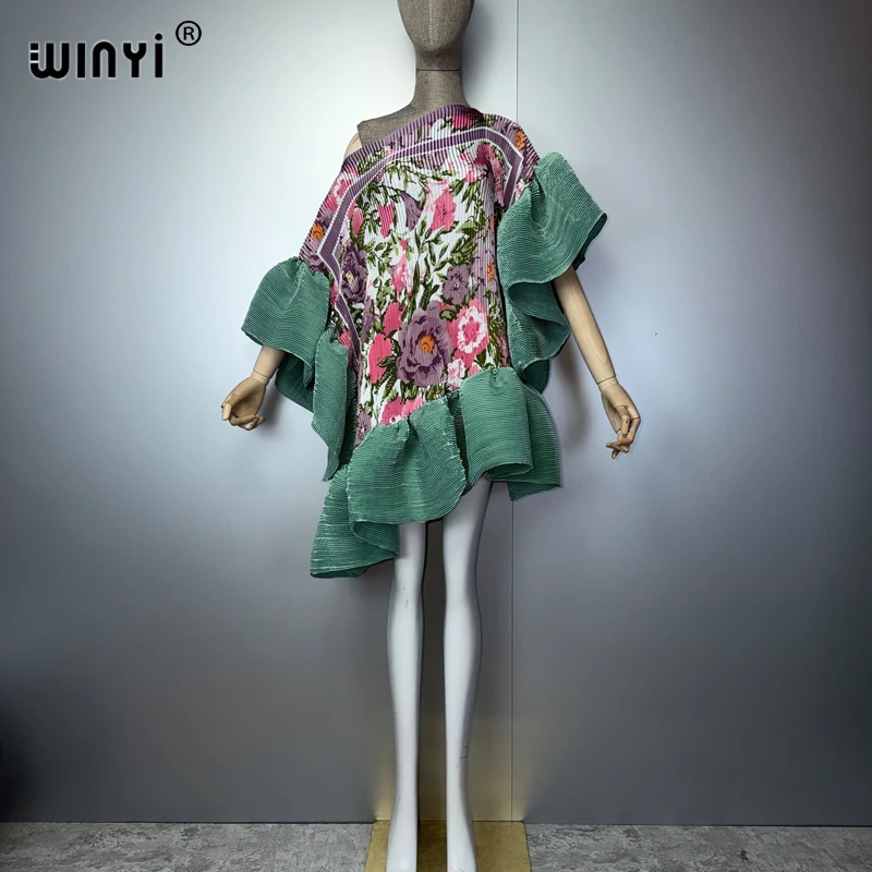 WINYI Women's Pleated Elastic Casual Short Dress Beach Cover up Kaftan Abaya Dubai Luxury Evening Wear Muslim Fashion
