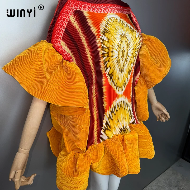 WINYI Women's Pleated Elastic Casual Short Dress Beach Cover up Kaftan Abaya Dubai Luxury Evening Wear Muslim Fashion