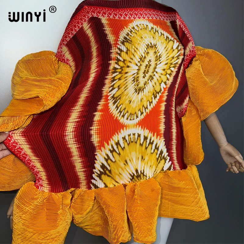 WINYI Women's Pleated Elastic Casual Short Dress Beach Cover up Kaftan Abaya Dubai Luxury Evening Wear Muslim Fashion