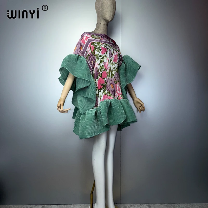 WINYI Women's Pleated Elastic Casual Short Dress Beach Cover up Kaftan Abaya Dubai Luxury Evening Wear Muslim Fashion