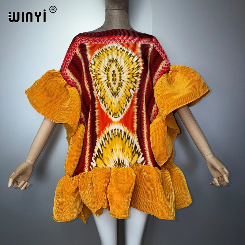 WINYI Women's Pleated Elastic Casual Short Dress Beach Cover up Kaftan Abaya Dubai Luxury Evening Wear Muslim Fashion