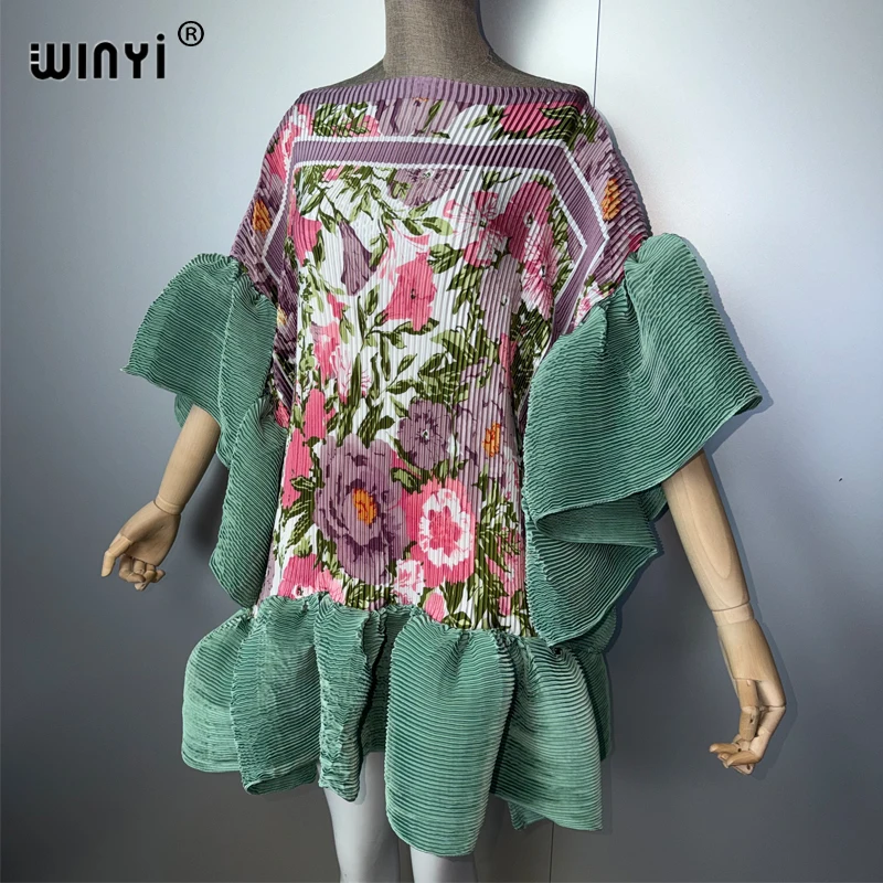 WINYI Women's Pleated Elastic Casual Short Dress Beach Cover up Kaftan Abaya Dubai Luxury Evening Wear Muslim Fashion