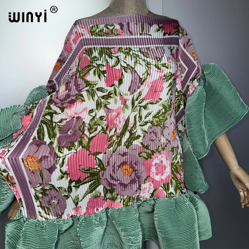WINYI Women's Pleated Elastic Casual Short Dress Beach Cover up Kaftan Abaya Dubai Luxury Evening Wear Muslim Fashion