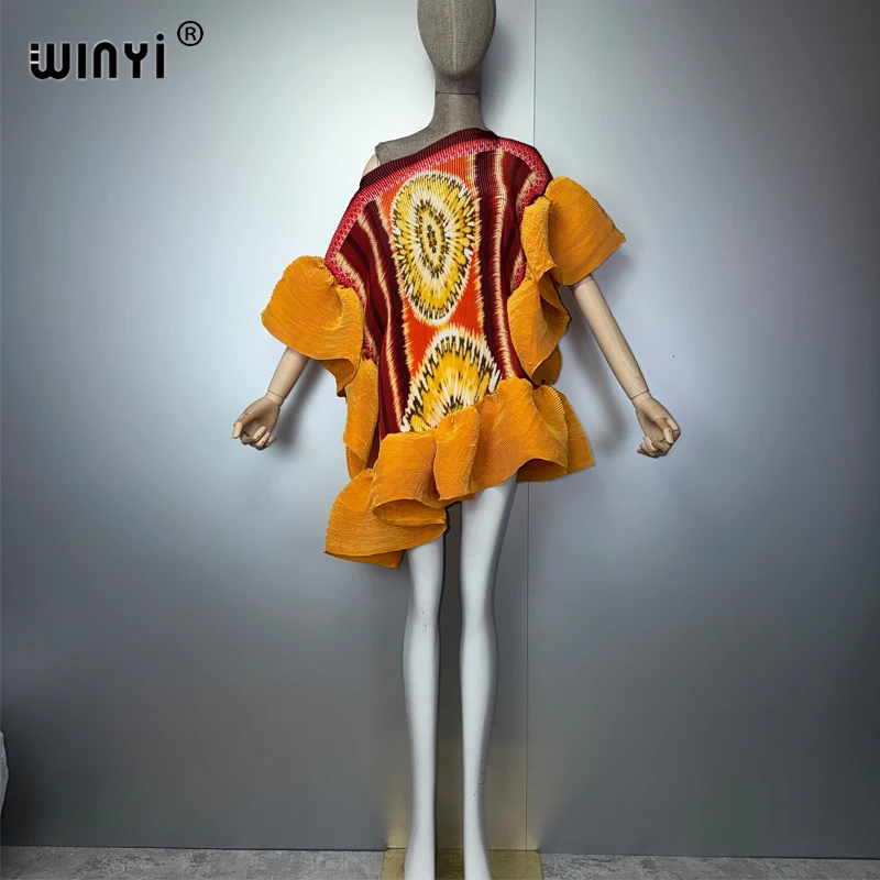 WINYI Women's Pleated Elastic Casual Short Dress Beach Cover up Kaftan Abaya Dubai Luxury Evening Wear Muslim Fashion