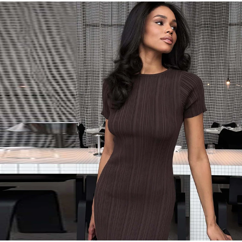 Elegant Women's Knitted Dress O-Neck Short Sleeve Solid Hip Package Lady Long Dresses 2026 Summer Fall Fashion Female Vestidos