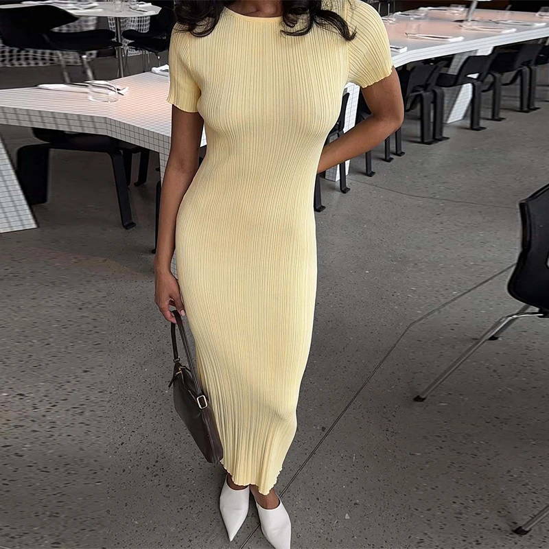 Elegant Women's Knitted Dress O-Neck Short Sleeve Solid Hip Package Lady Long Dresses 2026 Summer Fall Fashion Female Vestidos