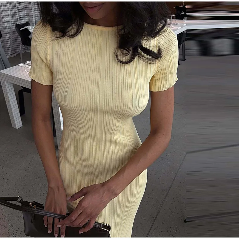 Elegant Women's Knitted Dress O-Neck Short Sleeve Solid Hip Package Lady Long Dresses 2026 Summer Fall Fashion Female Vestidos