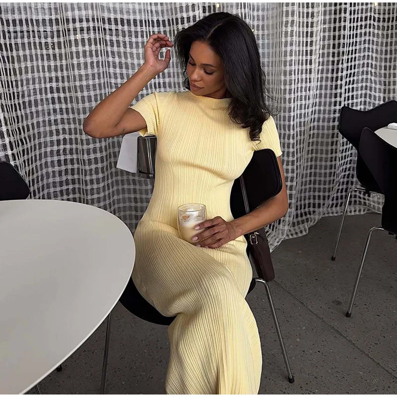 Elegant Women's Knitted Dress O-Neck Short Sleeve Solid Hip Package Lady Long Dresses 2026 Summer Fall Fashion Female Vestidos