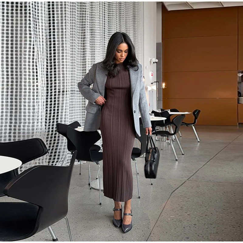 Elegant Women's Knitted Dress O-Neck Short Sleeve Solid Hip Package Lady Long Dresses 2026 Summer Fall Fashion Female Vestidos