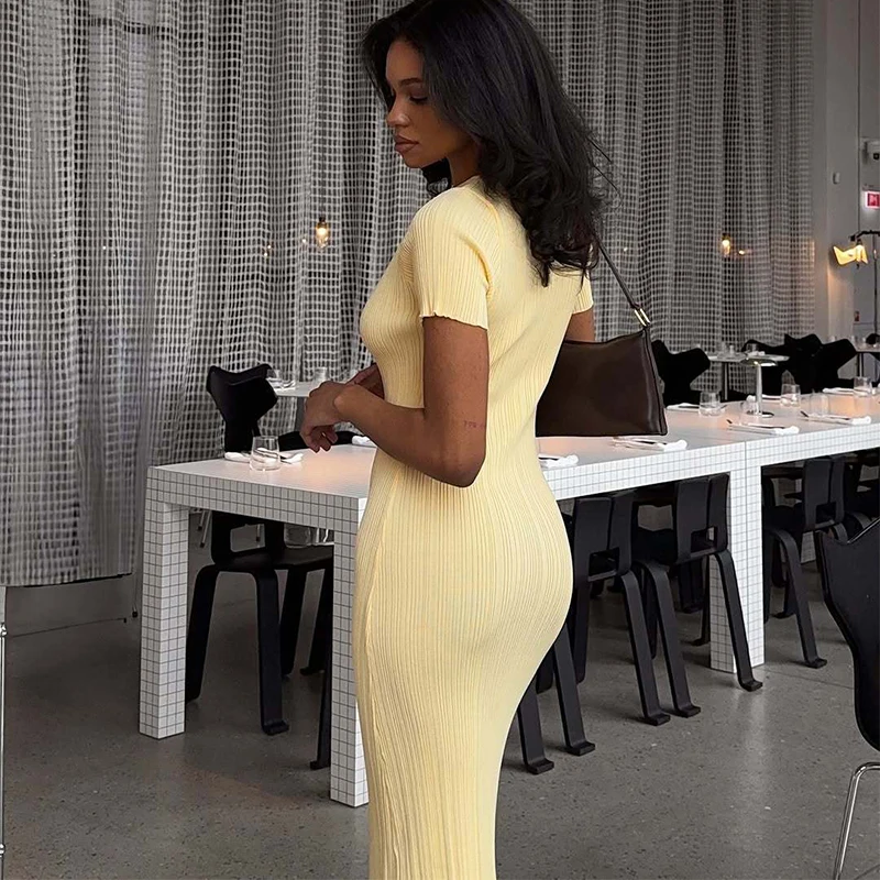 Elegant Women's Knitted Dress O-Neck Short Sleeve Solid Hip Package Lady Long Dresses 2026 Summer Fall Fashion Female Vestidos