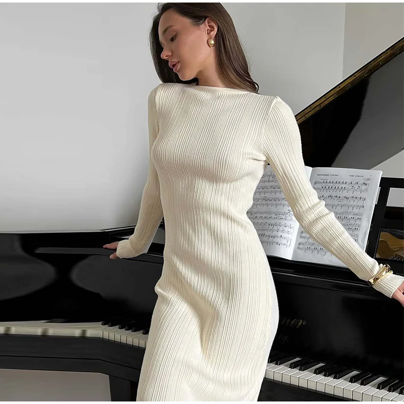 Elegant Women's Knitted Dress O-Neck Short Sleeve Solid Hip Package Lady Long Dresses 2026 Summer Fall Fashion Female Vestidos