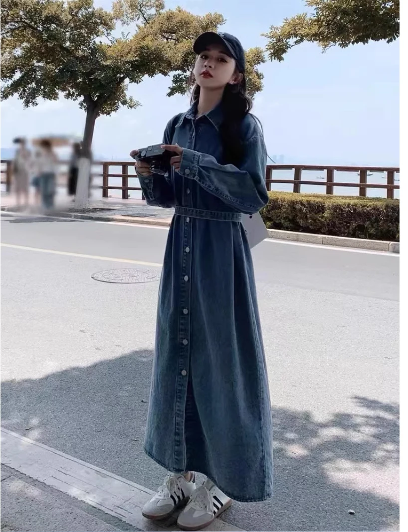 NYFS 2026 Autumn New Korea Woman Denim Dress Vestidos Robe Elbise Single Breasted Loose Plus Size Shirt Long Dresses