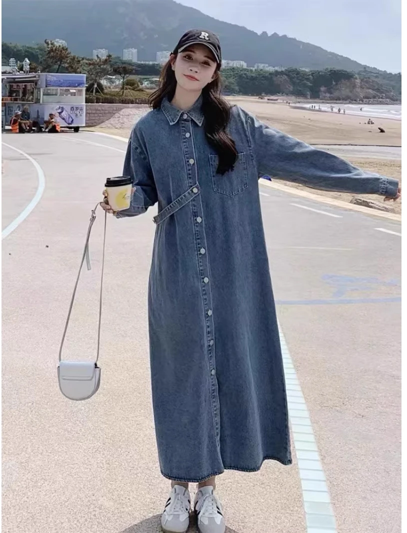 NYFS 2026 Autumn New Korea Woman Denim Dress Vestidos Robe Elbise Single Breasted Loose Plus Size Shirt Long Dresses