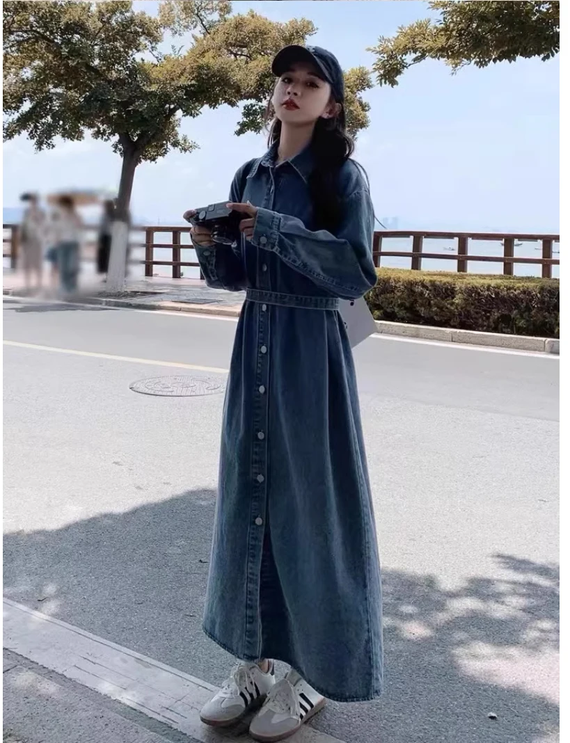 NYFS 2026 Autumn New Korea Woman Denim Dress Vestidos Robe Elbise Single Breasted Loose Plus Size Shirt Long Dresses
