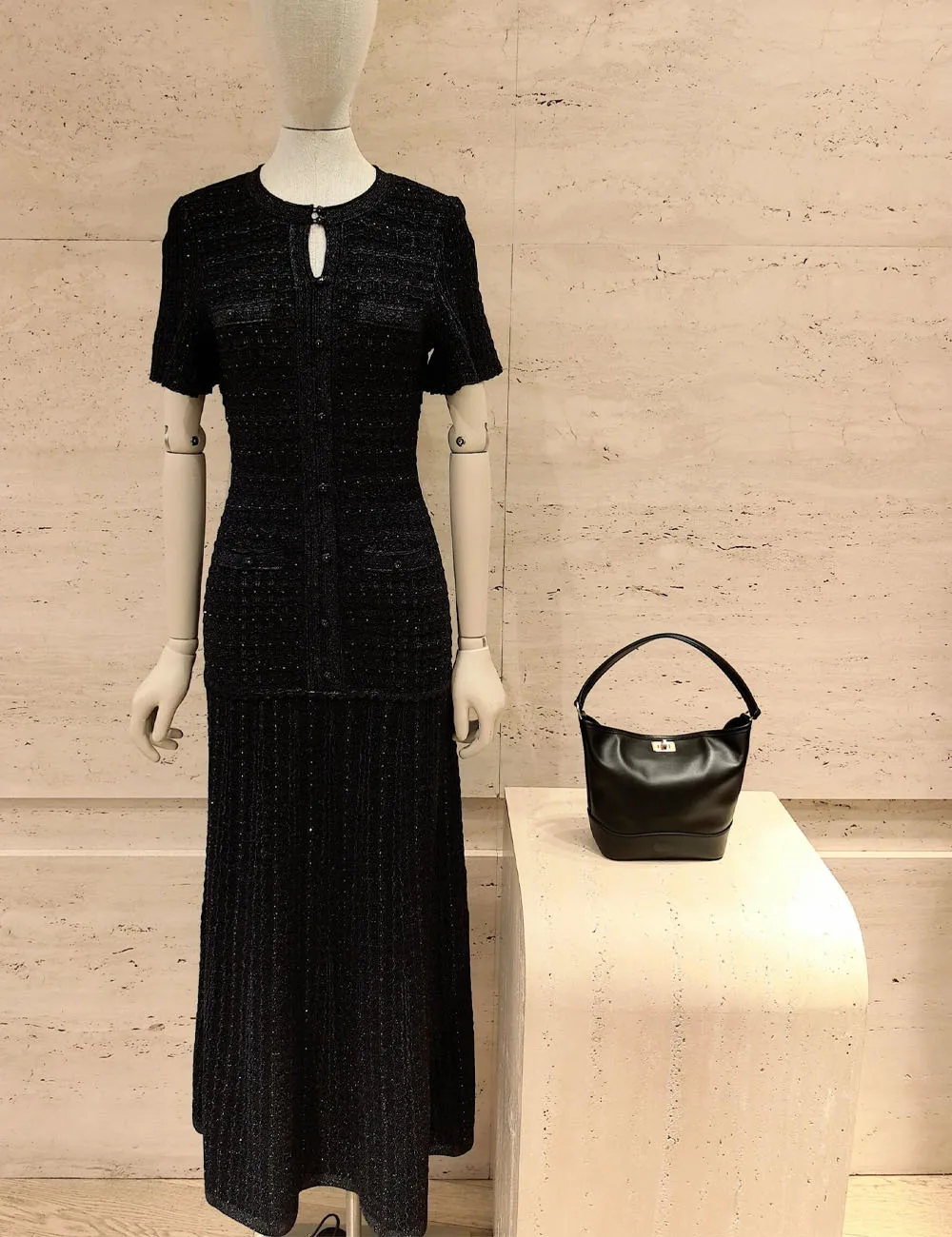 Spring Summer Fashion Temperament Knitted Dress Women Elegant Hollow Out Short Sleeve O-neck Single Breasted Long Robe Ladies