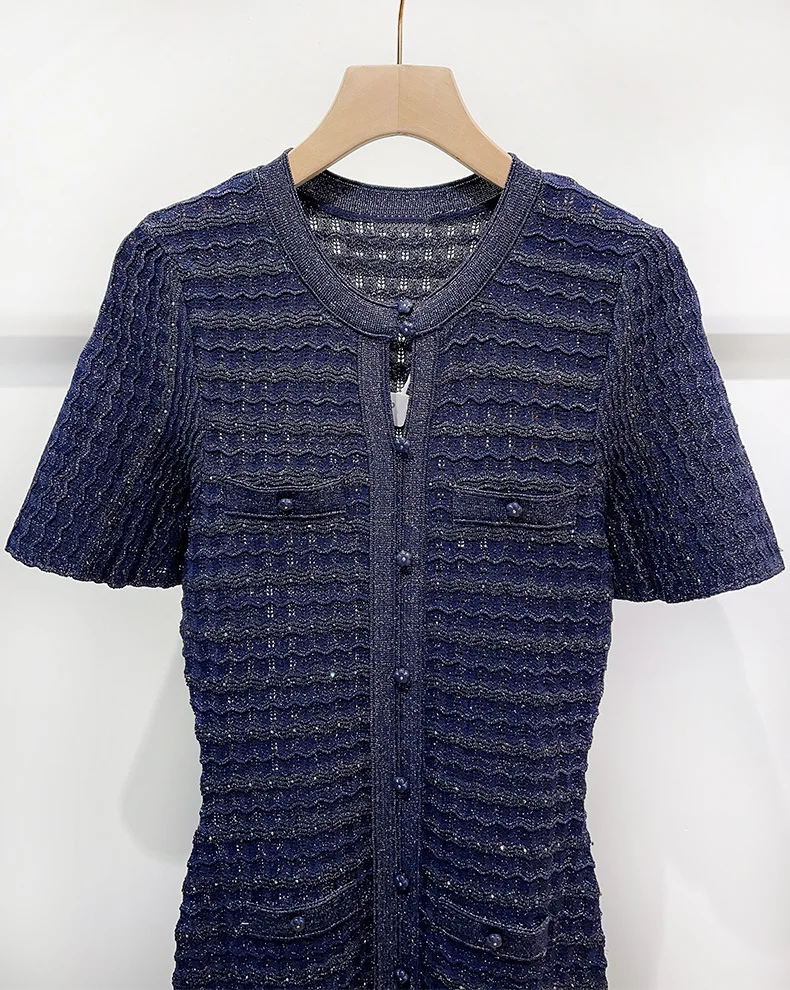Spring Summer Fashion Temperament Knitted Dress Women Elegant Hollow Out Short Sleeve O-neck Single Breasted Long Robe Ladies