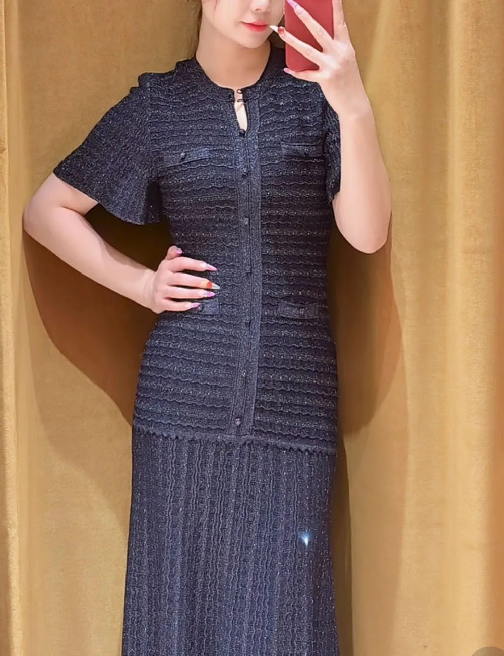 Spring Summer Fashion Temperament Knitted Dress Women Elegant Hollow Out Short Sleeve O-neck Single Breasted Long Robe Ladies