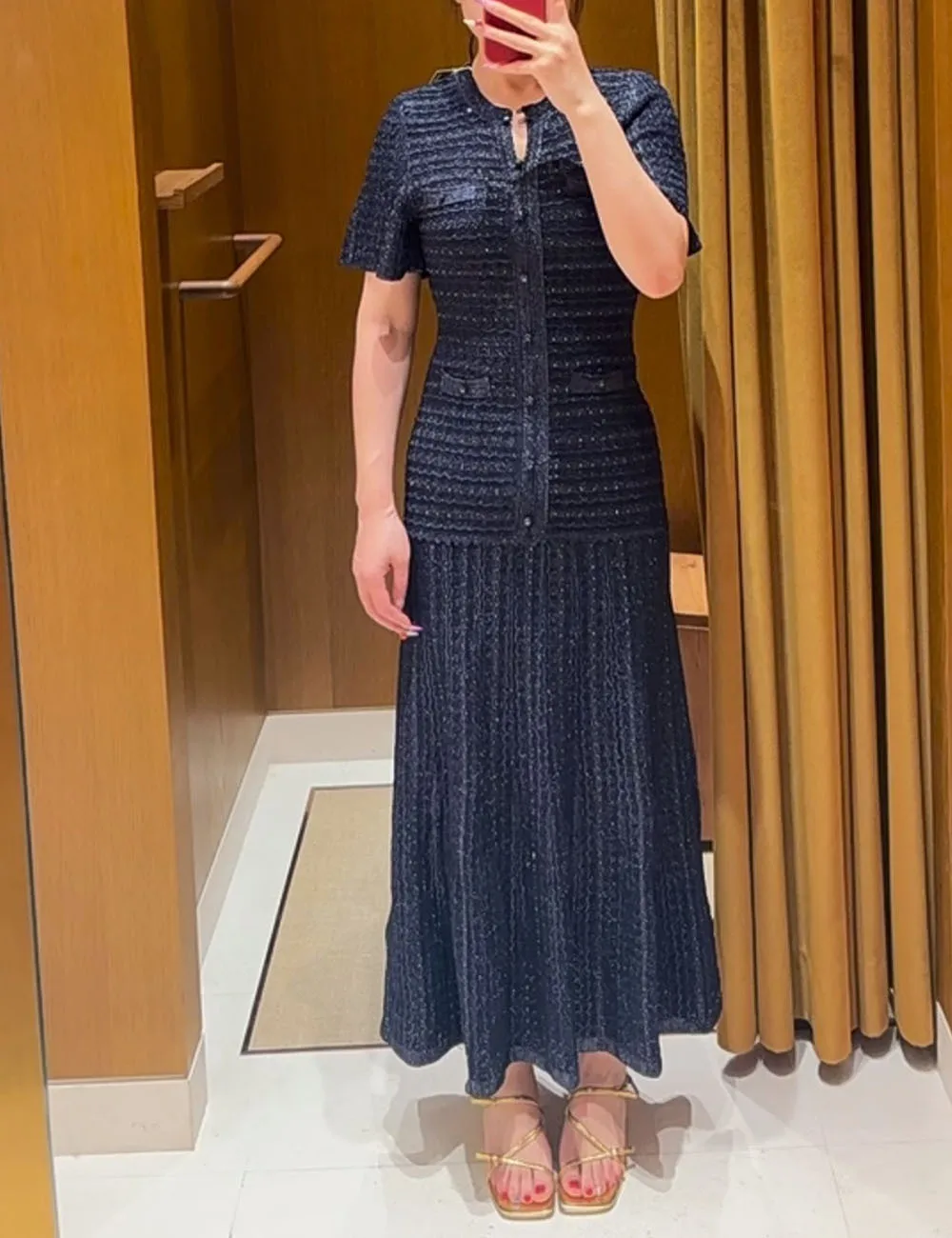 Spring Summer Fashion Temperament Knitted Dress Women Elegant Hollow Out Short Sleeve O-neck Single Breasted Long Robe Ladies