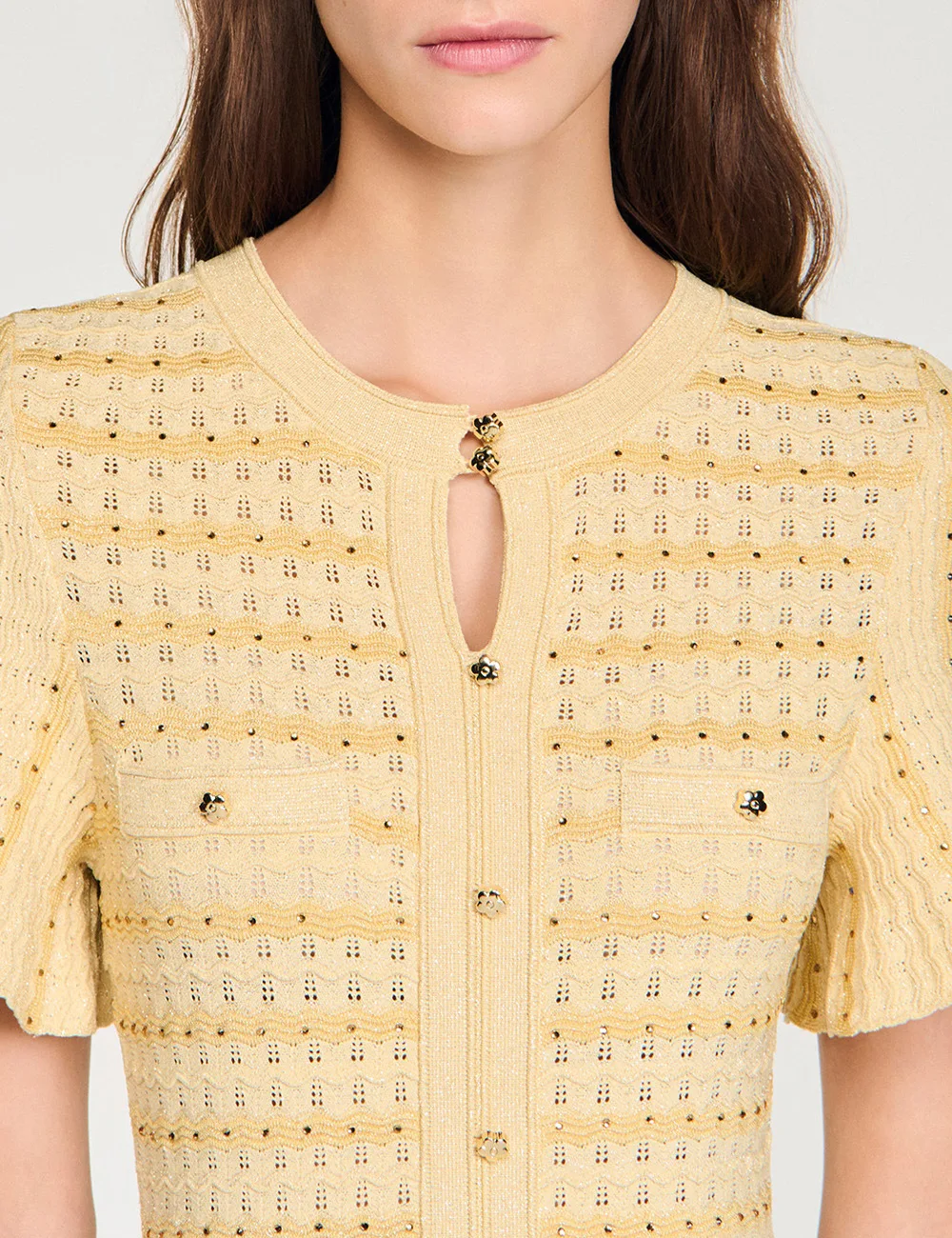 Spring Summer Fashion Temperament Knitted Dress Women Elegant Hollow Out Short Sleeve O-neck Single Breasted Long Robe Ladies