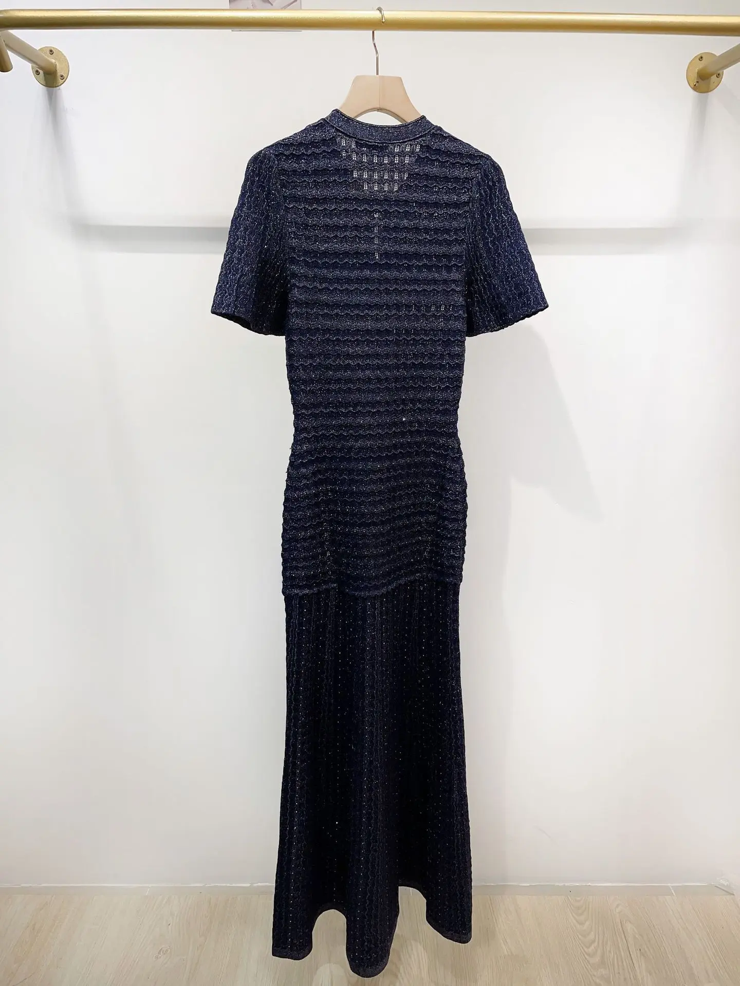 Spring Summer Fashion Temperament Knitted Dress Women Elegant Hollow Out Short Sleeve O-neck Single Breasted Long Robe Ladies