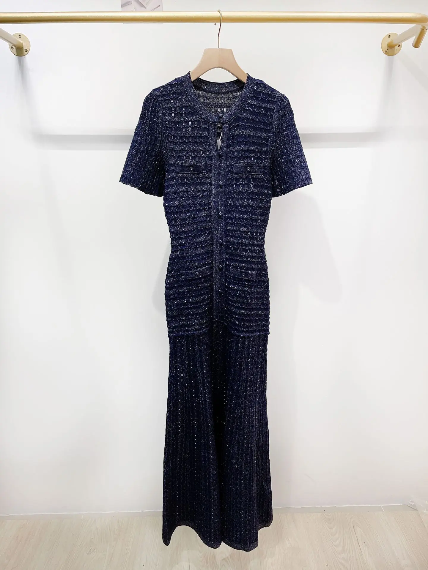 Spring Summer Fashion Temperament Knitted Dress Women Elegant Hollow Out Short Sleeve O-neck Single Breasted Long Robe Ladies