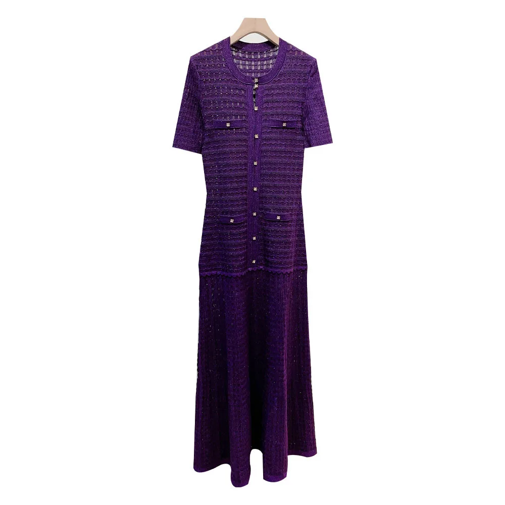 Spring Summer Fashion Temperament Knitted Dress Women Elegant Hollow Out Short Sleeve O-neck Single Breasted Long Robe Ladies