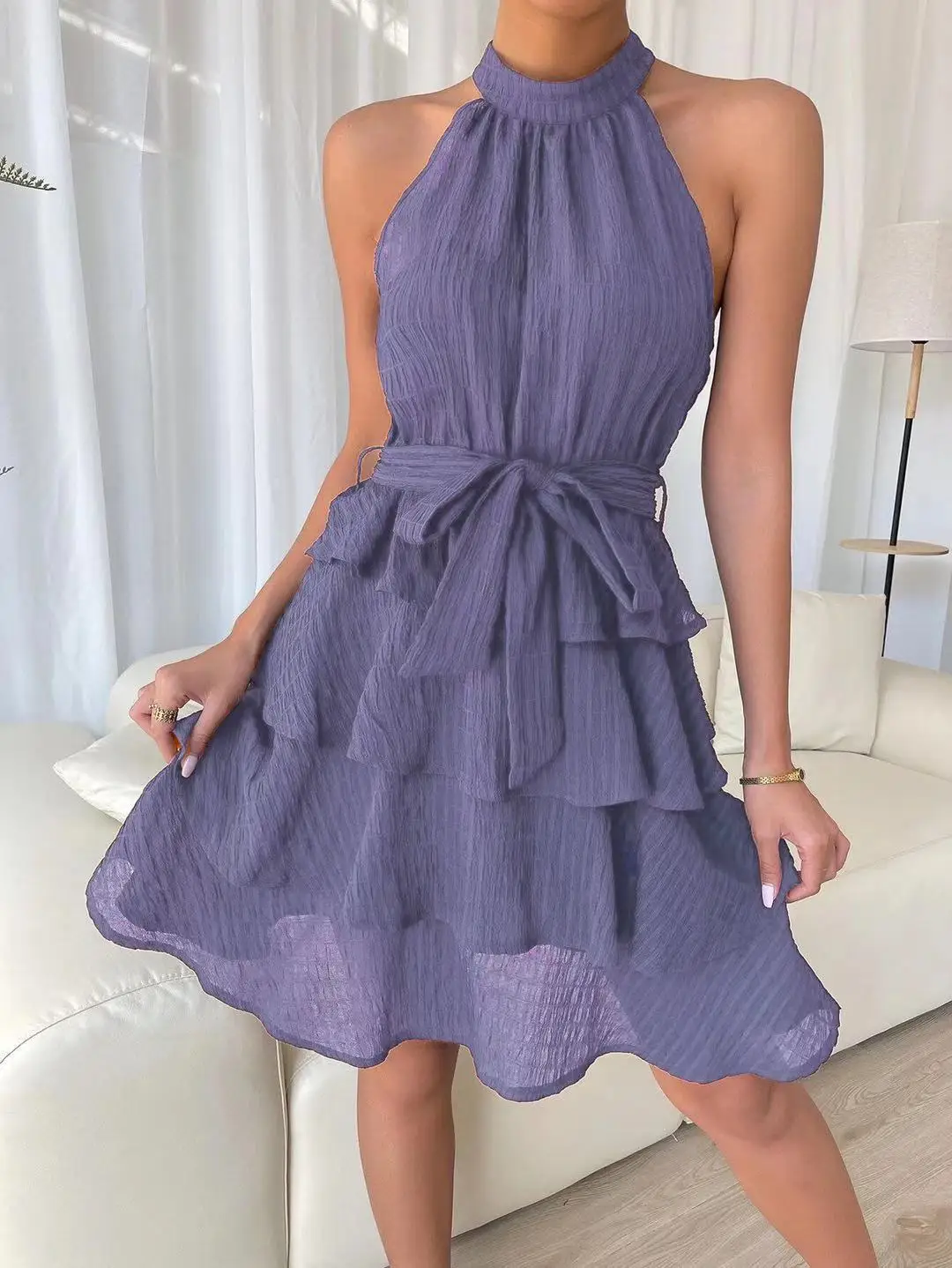 Women's Red Mini Dress Vestidos 2025 Summer Fashion Sexy Style Halter Sleeveless Ruffle Edge Tied Woman Dresses Women Sundress