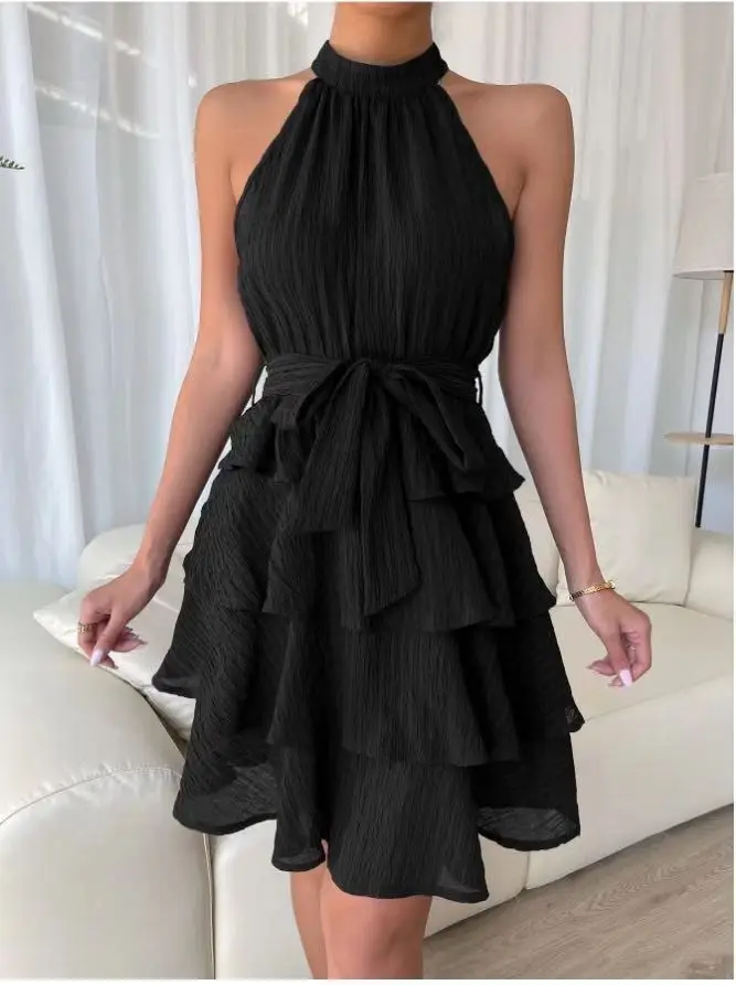 Women's Red Mini Dress Vestidos 2025 Summer Fashion Sexy Style Halter Sleeveless Ruffle Edge Tied Woman Dresses Women Sundress