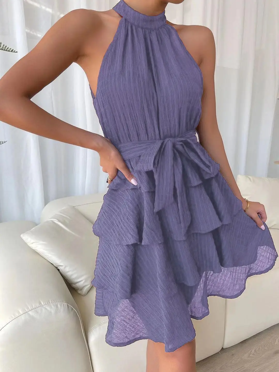 Women's Red Mini Dress Vestidos 2025 Summer Fashion Sexy Style Halter Sleeveless Ruffle Edge Tied Woman Dresses Women Sundress
