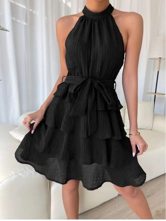 Women's Red Mini Dress Vestidos 2025 Summer Fashion Sexy Style Halter Sleeveless Ruffle Edge Tied Woman Dresses Women Sundress