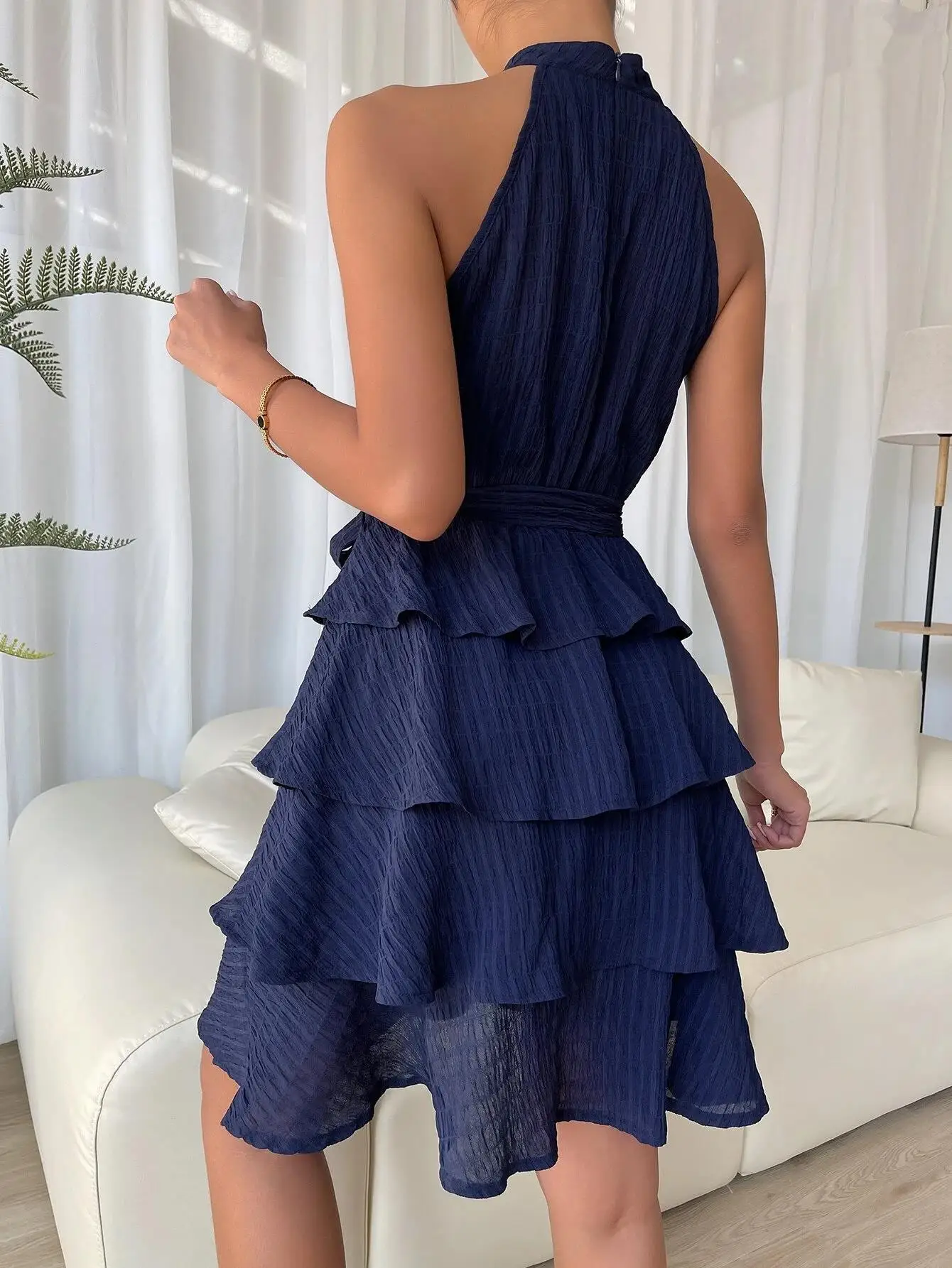 Women's Red Mini Dress Vestidos 2025 Summer Fashion Sexy Style Halter Sleeveless Ruffle Edge Tied Woman Dresses Women Sundress