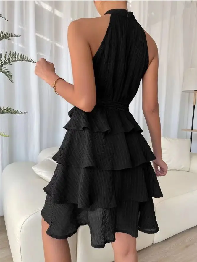 Women's Red Mini Dress Vestidos 2025 Summer Fashion Sexy Style Halter Sleeveless Ruffle Edge Tied Woman Dresses Women Sundress