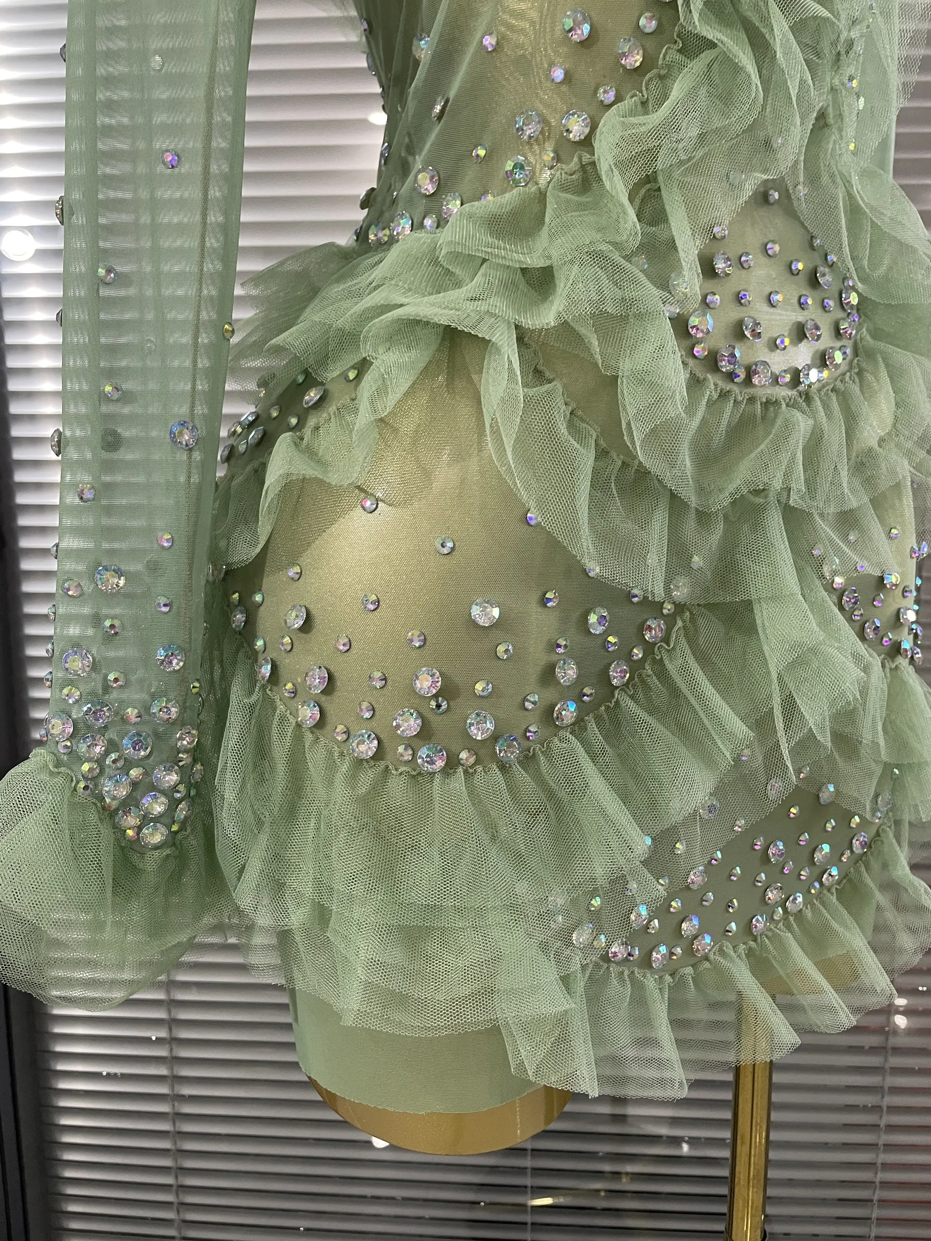 Sparkly Rhinestone Women Sexy Ruffled Long Sleeves Mesh See Through Mini Dress Eveing Party Birthday Dance Nightclub Stage Wear