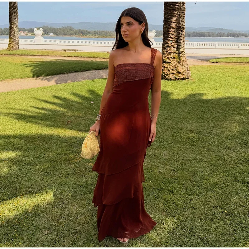 One-shoulder Shiny Chiffon Dress for Women Slim Sleeveless Cascading Ruffle Maxi Dresses 2026 Summer Vacation Party Lady Robes