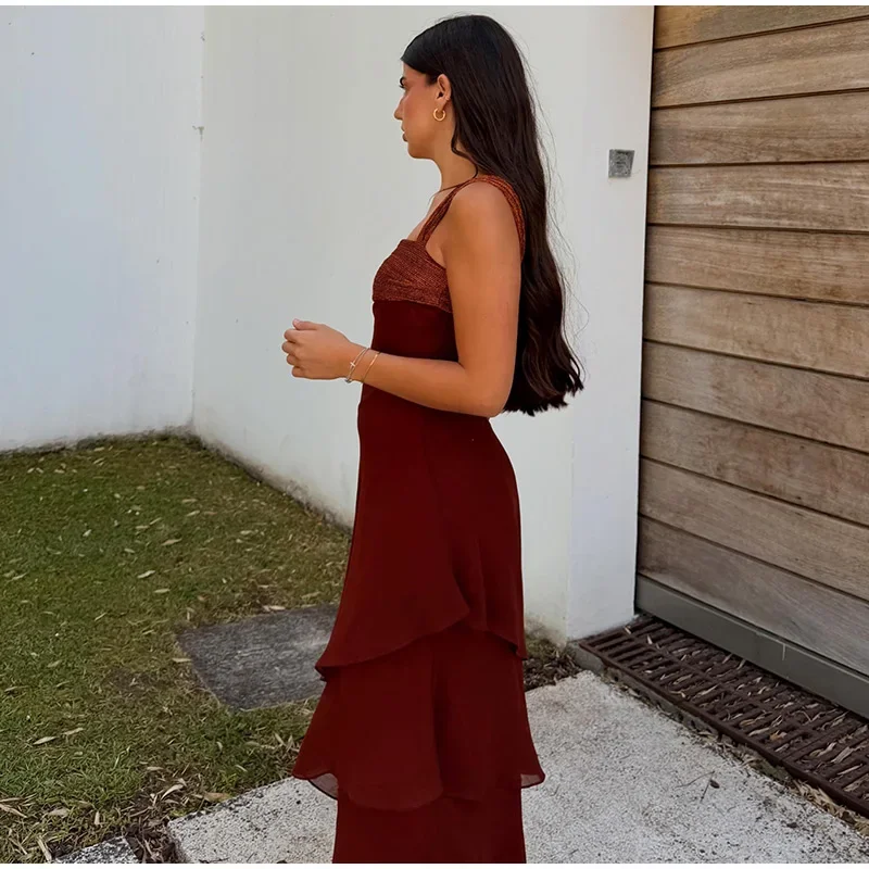 One-shoulder Shiny Chiffon Dress for Women Slim Sleeveless Cascading Ruffle Maxi Dresses 2026 Summer Vacation Party Lady Robes