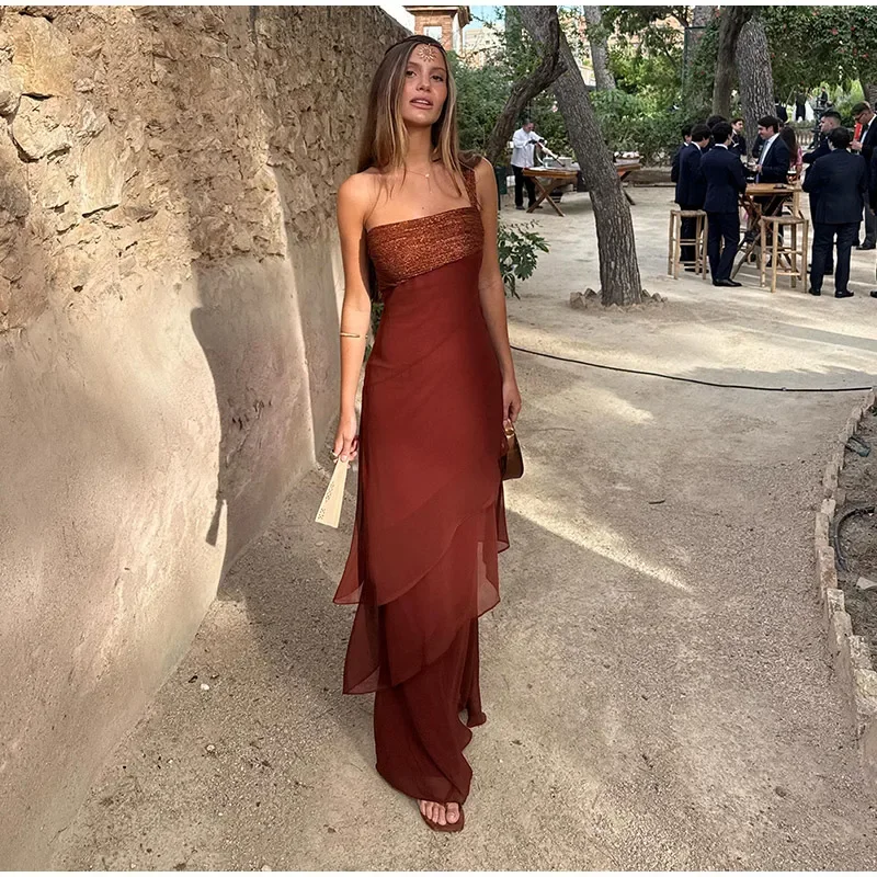One-shoulder Shiny Chiffon Dress for Women Slim Sleeveless Cascading Ruffle Maxi Dresses 2026 Summer Vacation Party Lady Robes