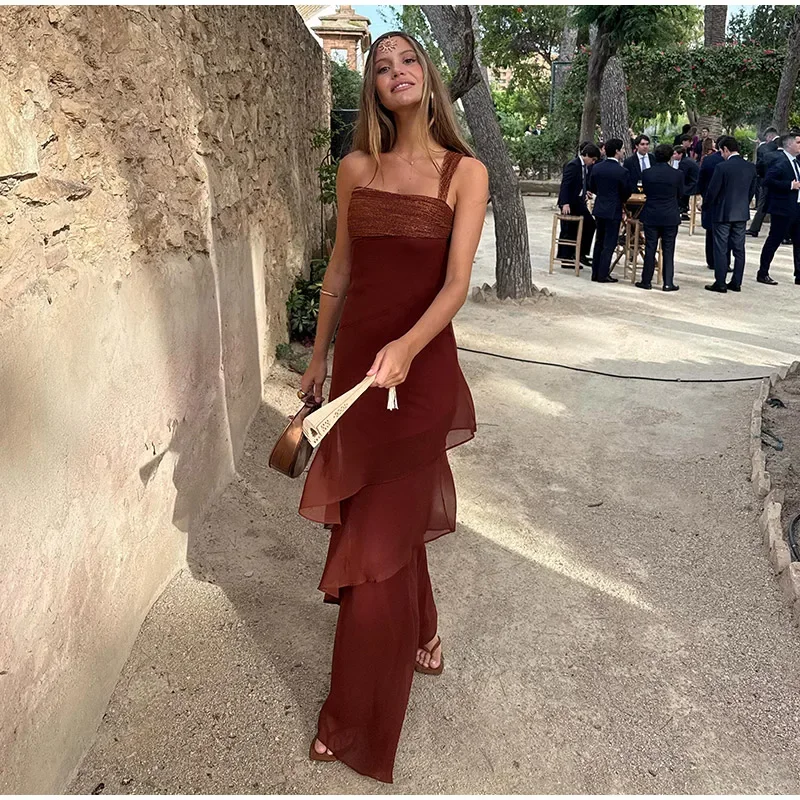 One-shoulder Shiny Chiffon Dress for Women Slim Sleeveless Cascading Ruffle Maxi Dresses 2026 Summer Vacation Party Lady Robes