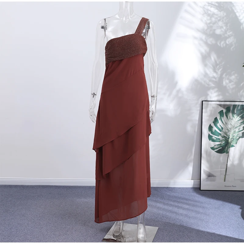 One-shoulder Shiny Chiffon Dress for Women Slim Sleeveless Cascading Ruffle Maxi Dresses 2026 Summer Vacation Party Lady Robes