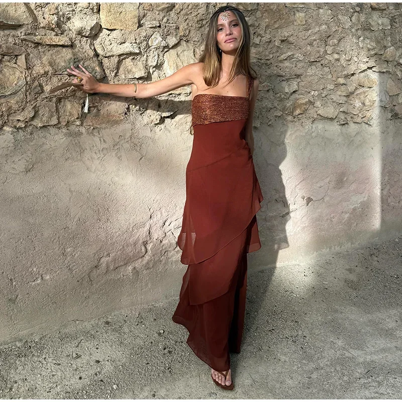 One-shoulder Shiny Chiffon Dress for Women Slim Sleeveless Cascading Ruffle Maxi Dresses 2026 Summer Vacation Party Lady Robes