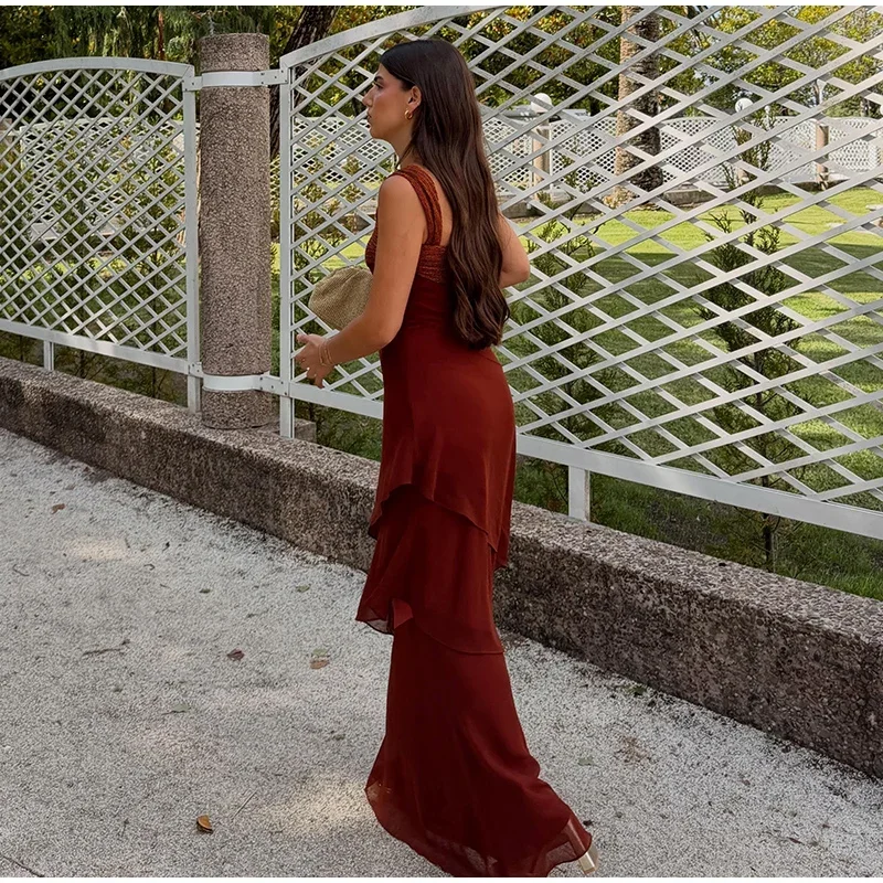 One-shoulder Shiny Chiffon Dress for Women Slim Sleeveless Cascading Ruffle Maxi Dresses 2026 Summer Vacation Party Lady Robes